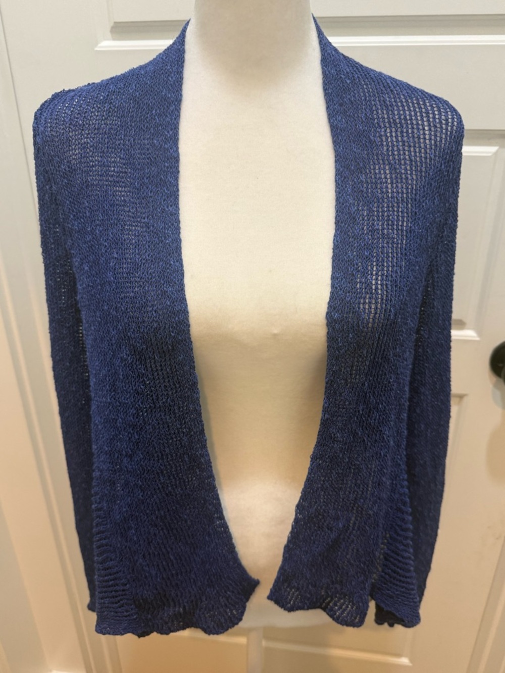 Eileen Fisher. Linen Blend Open Waterfall Peplum Cardigan. Cobalt Blue. PM.